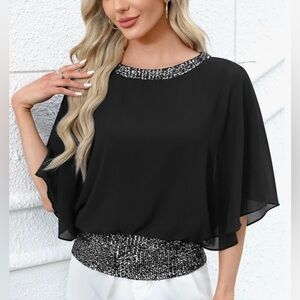 Chic Black Chiffon Women's Blouse with Sequin Accents Size XL